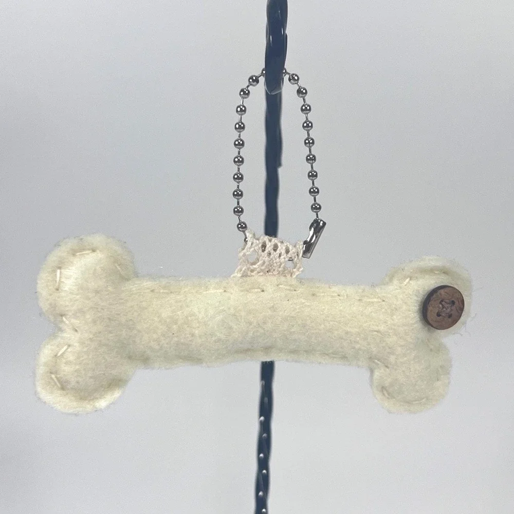 Handmade Felt Dog Bone Keychain‎ Cream Stitched Bag Charm Fob with Wood Button